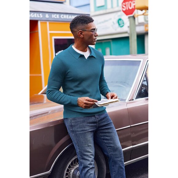 Men's Knit Polo Sweater V-Neck Long Sleeve Dress Pullover Sweater Peacock Blue - Picture 3 of 5